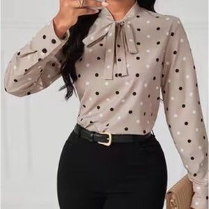 Polka Dot Tie Neck Blouse XL Tan Black White Long Sleeve Work Office Top